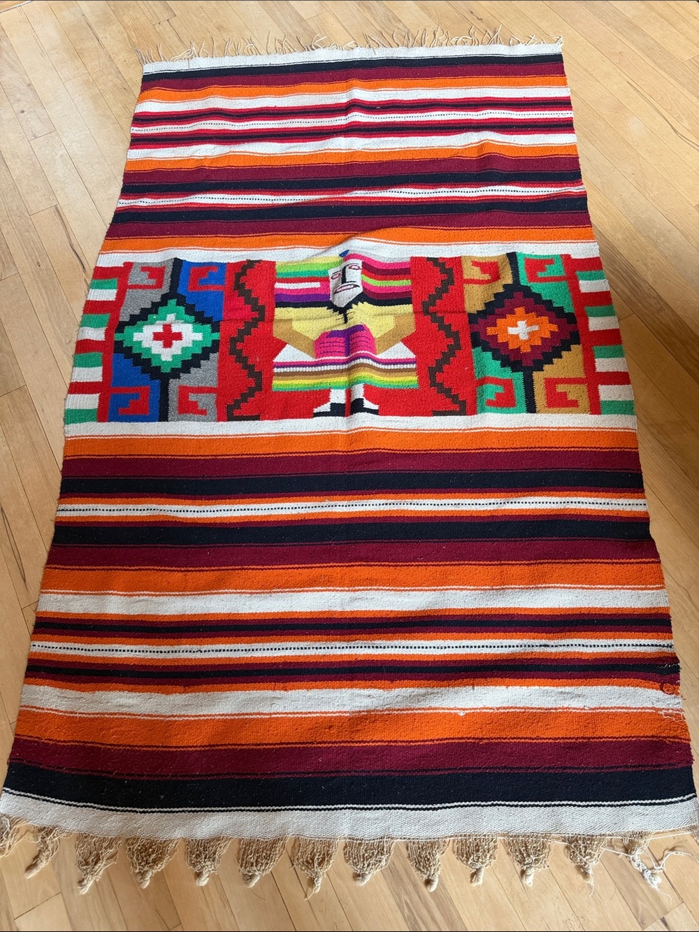 Vintage Handwoven Bright Mexican Wool Zapotec Figural Stripe Throw Rug Fringed
